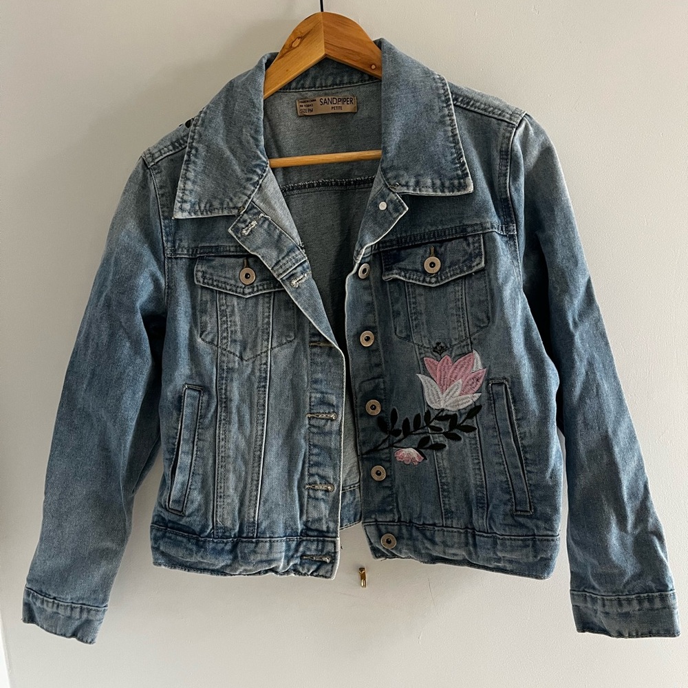 Sandrine Blue Jean Jacket with Floral Embroidery